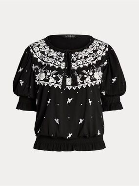 Ralph Lauren L Black Peasant Blouse w White Floral Embroidery Boho Preppy Resort